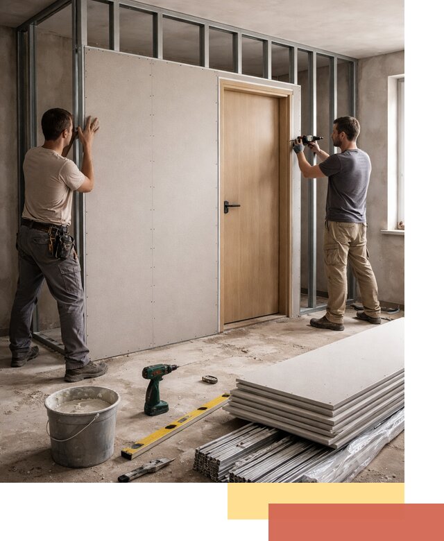 Перегородка из гипсокартона с дверью под ключ в Кизляре