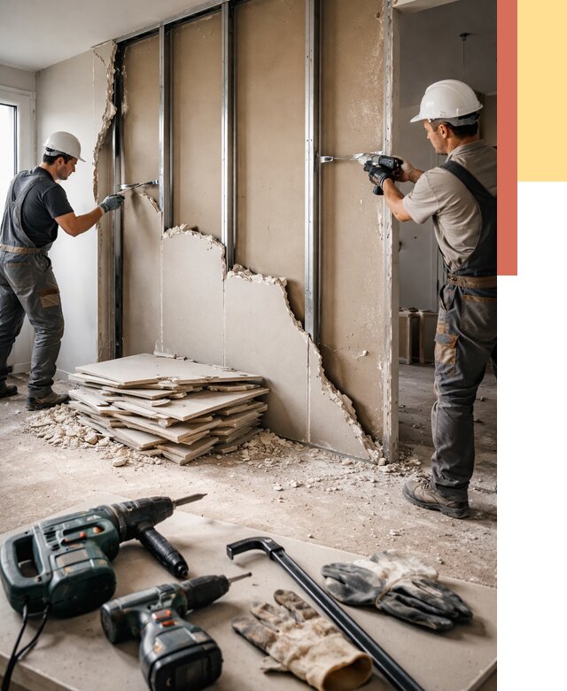 Демонтаж перегородки из гипсокартона в Кизляре от 1219 руб. быстро и недорого | ОТДЕЛОЧНИК-Кзр