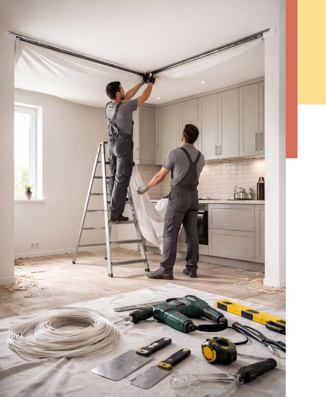 Установка натяжного потолка на кухне в Кизляре от 2439 руб. | ОТДЕЛОЧНИК-Кзр