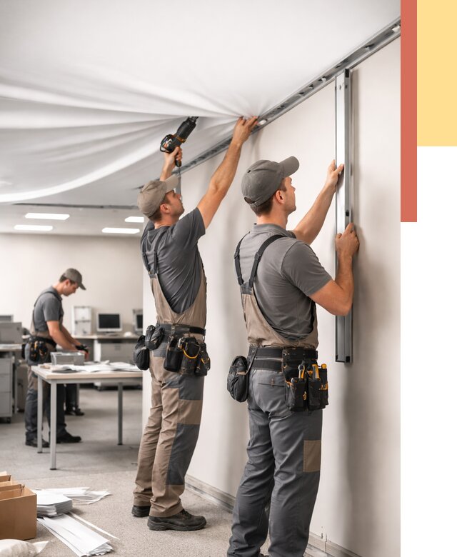 Монтаж натяжного потолка в офисе в Кизляре от 457 руб/м² — быстро и недорого | ОТДЕЛОЧНИК-Кзр